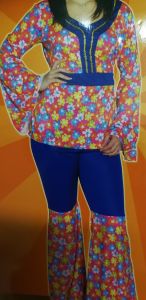 Adult Female Costumes to Hire - Flower Power Hippy lady - Blue with flowers -  top & pants 