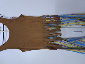 Adult Female Costumes to Hire - Brown Fringe Top & Stripe Pants 